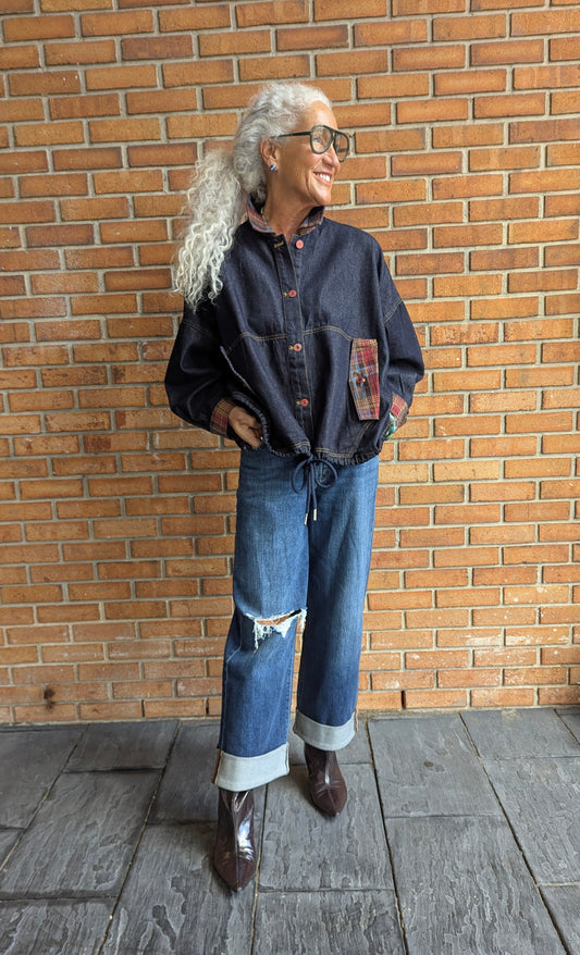 Oversized Denim & Plaid Drawstring Jacket