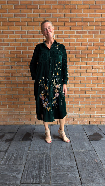 Velvet Dress Duster with Multi Colour Embroidery -GREEN