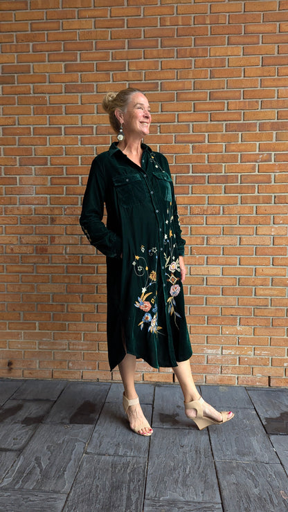 Velvet Dress Duster with Multi Colour Embroidery -GREEN