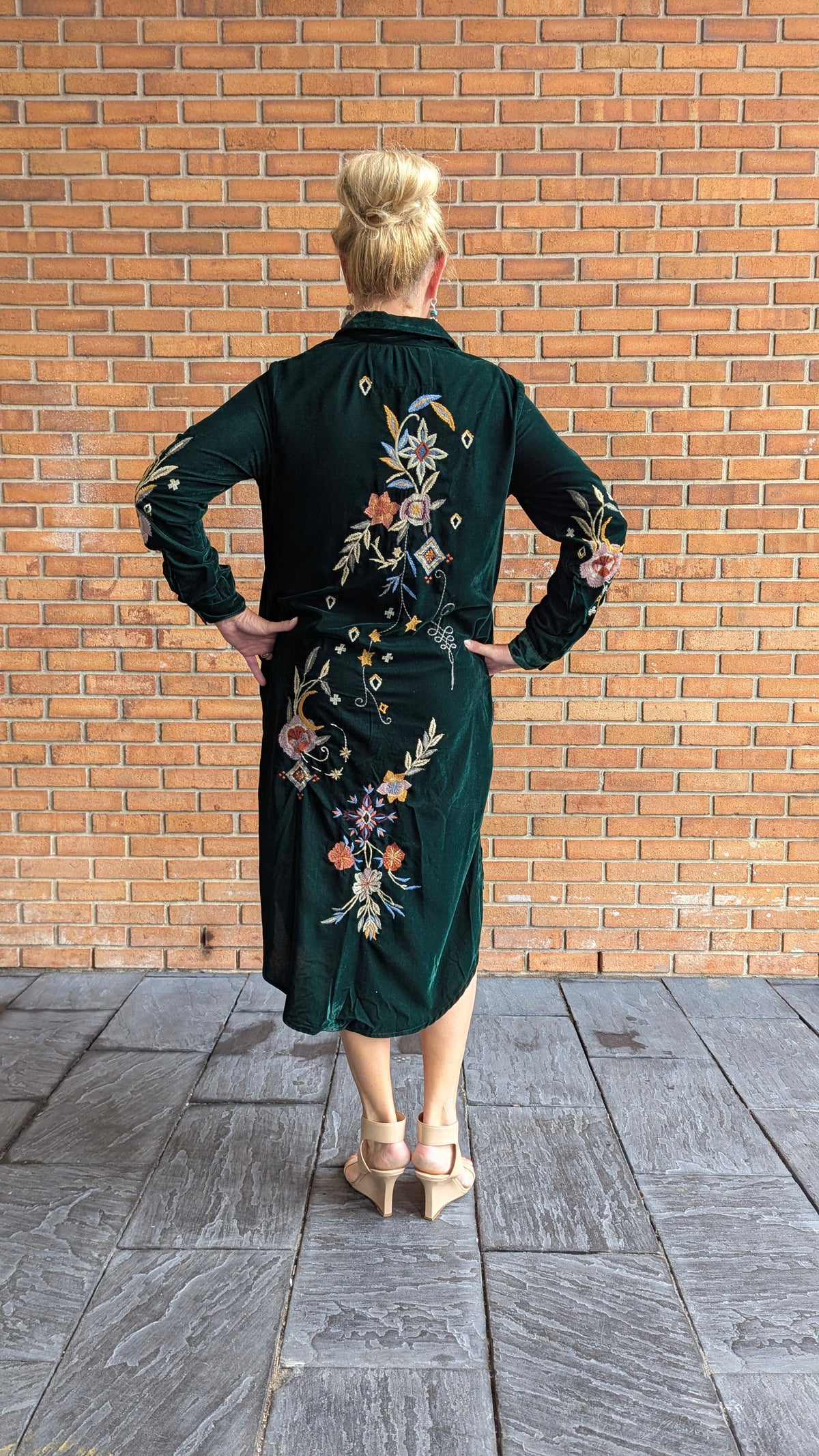 Velvet Dress Duster with Multi Colour Embroidery -GREEN