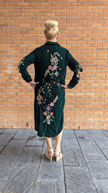 Velvet Dress Duster with Multi Colour Embroidery -GREEN