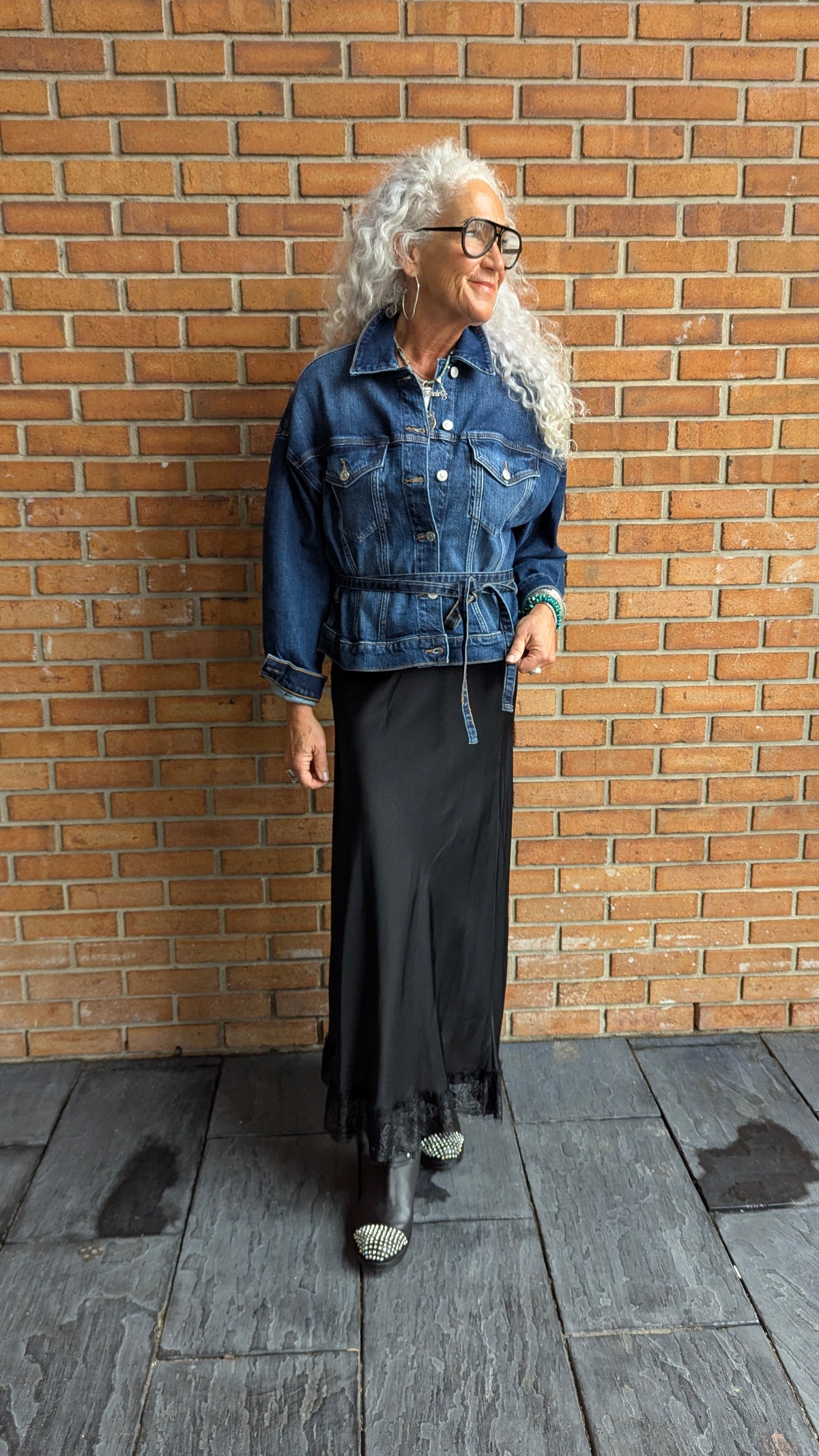 Dark Denim Jacket with Tie Waist- Medium Dark Wash