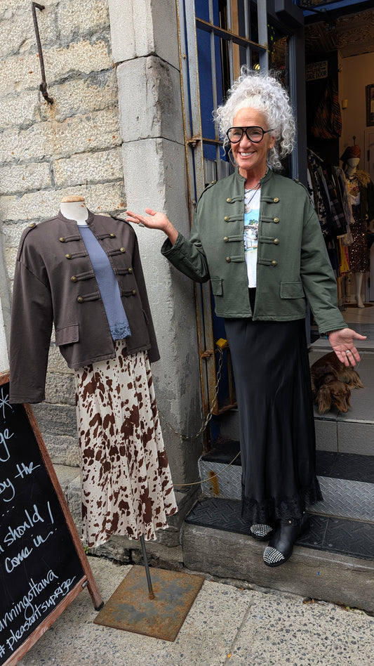 One Size Cotton Open Front Military Jacket- KHAKI GREEN