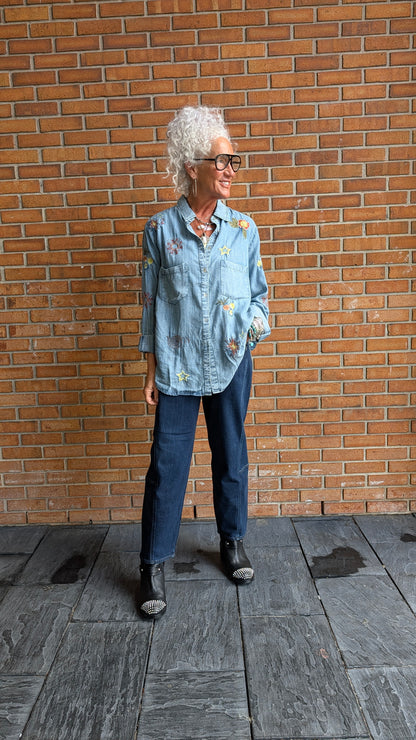 Denim Shirt with Colourful Embroidery- Vintage Wash