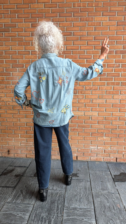 Denim Shirt with Colourful Embroidery- Vintage Wash