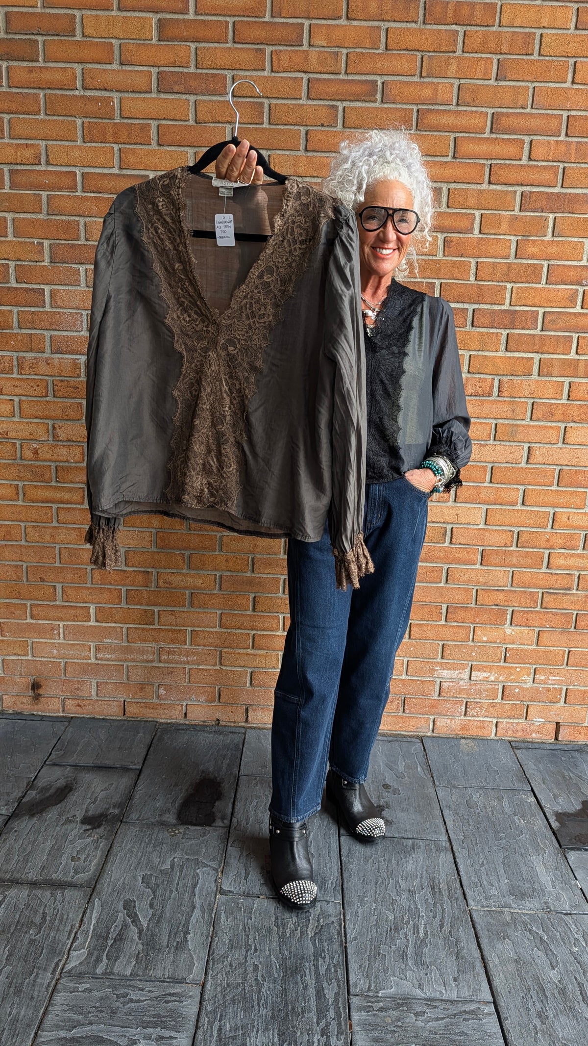 Lightweight Lace Trim Blouse- Brown