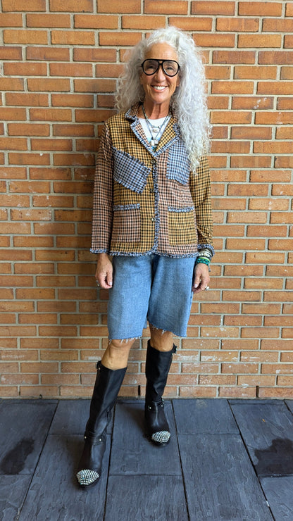 100% Cotton Houndstooth Jacket iwht pockets- Brown Black Tan Grey
