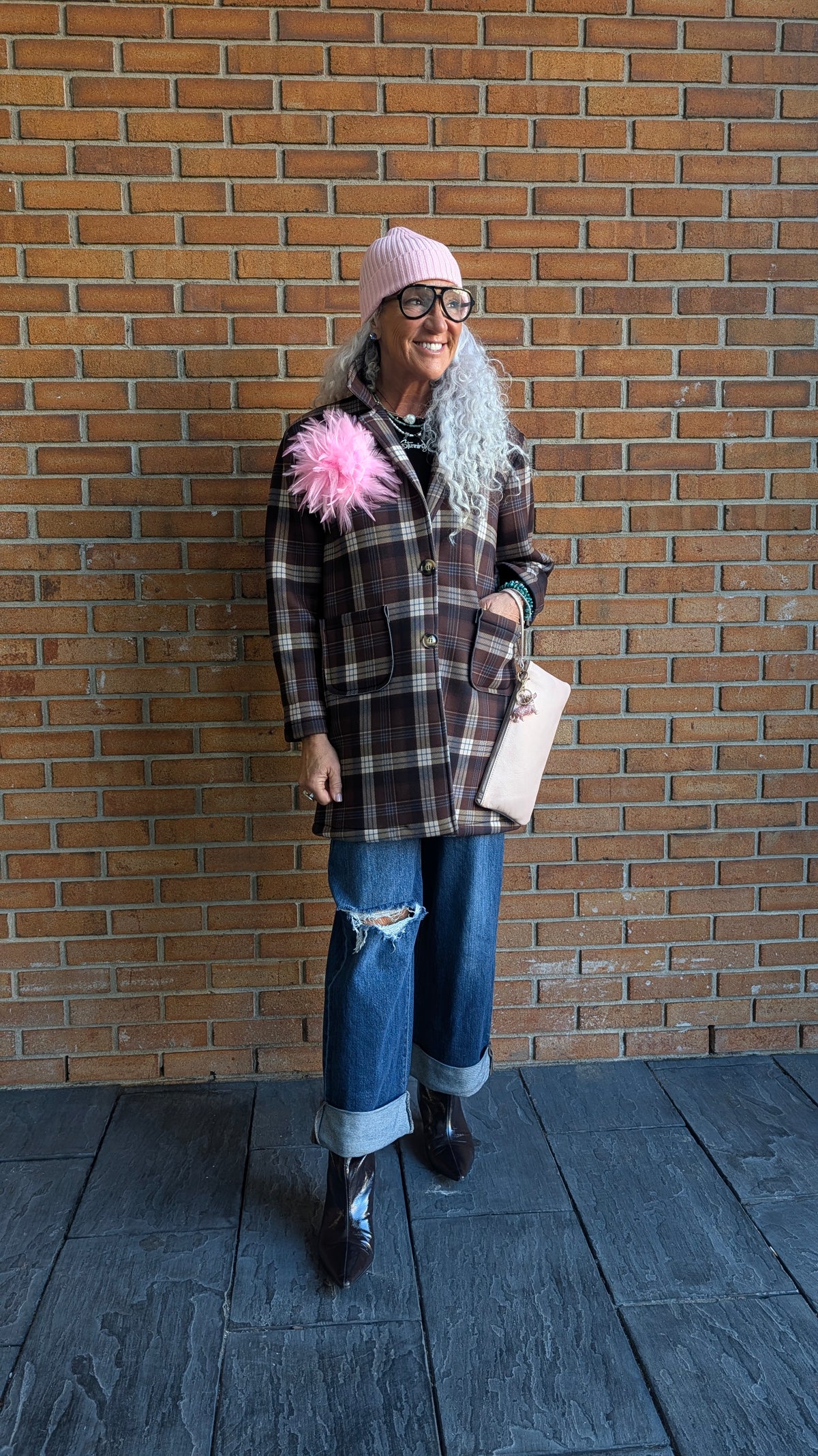 Plaid Neoprene Car Coat with POCKETS -  BROWN NAVY CREAM