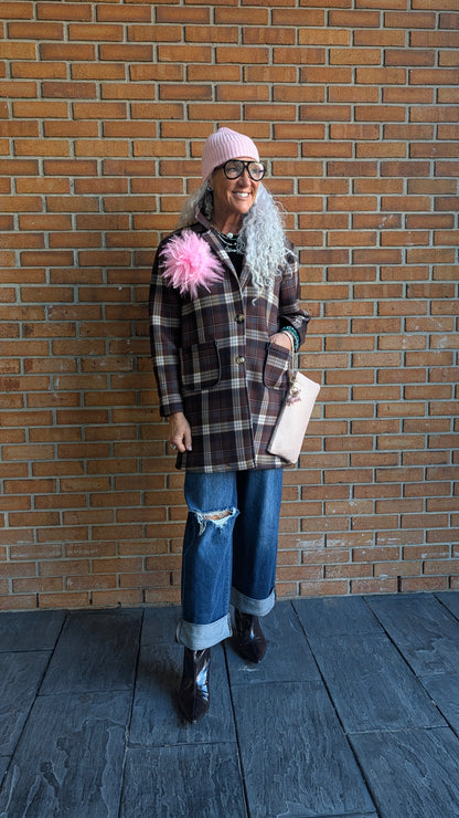 Plaid Neoprene Car Coat with POCKETS -  BROWN NAVY CREAM