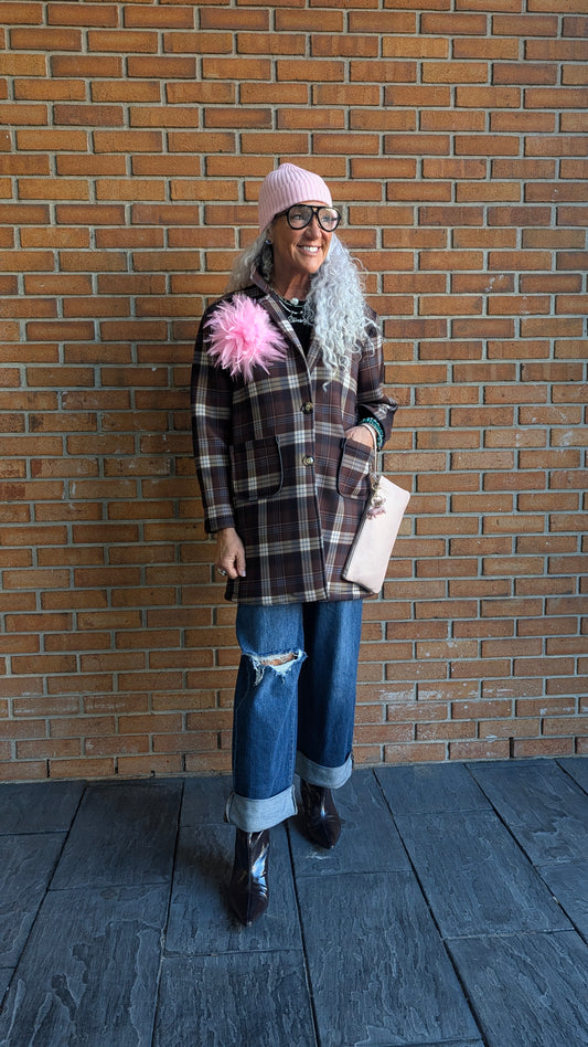 Plaid Neoprene Car Coat with POCKETS -  BROWN NAVY CREAM