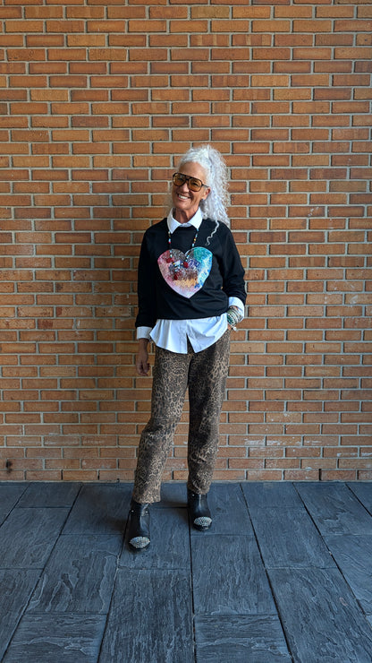 100% Cotton Sweatshirt with multi colour sequin heart- BLACK