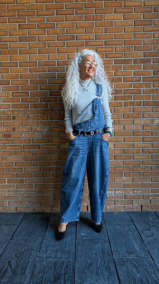 Barrel Leg Denim Overalls - VINTAGE WASH