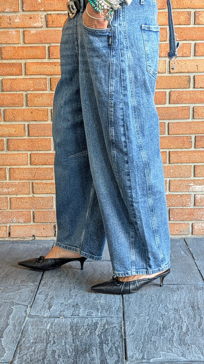 Barrel Leg Denim Overalls - VINTAGE WASH