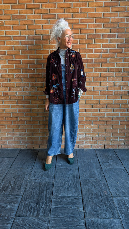 Velvet Shirt with Colourful Embroidery - BROWN EGGPLANT
