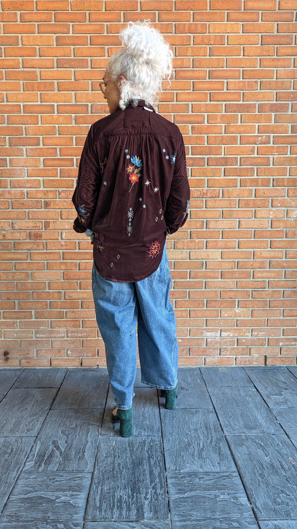 Velvet Shirt with Colourful Embroidery - BROWN EGGPLANT