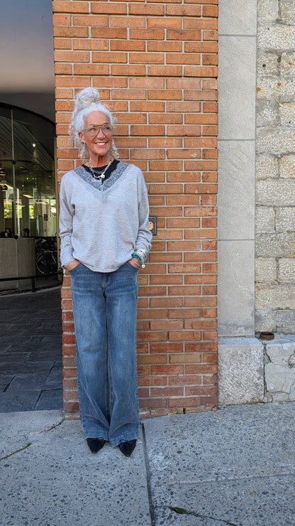 V neck Knit Sweater with Lace Trim- Grey