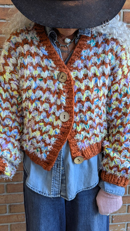Oversized Chunky Knit Balloon Sleeve Cardigan - DARK TAN PINK BLUE PURPLE GREY