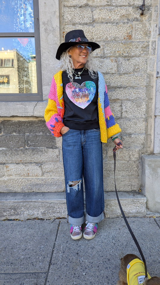 Multicolour Oversized Chunky Knit Cardigan- PINK BLUE YELLOW ORANGE