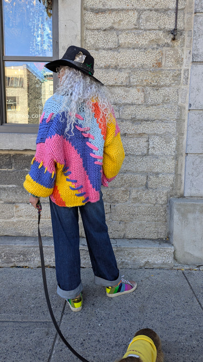 Multicolour Oversized Chunky Knit Cardigan- PINK BLUE YELLOW ORANGE