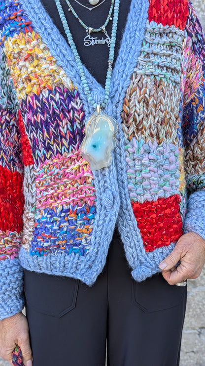 Oversized Chunky Knit Cardigan with BALLOON SLEEVE  - RED BLUE BLACK BROWN GREEN