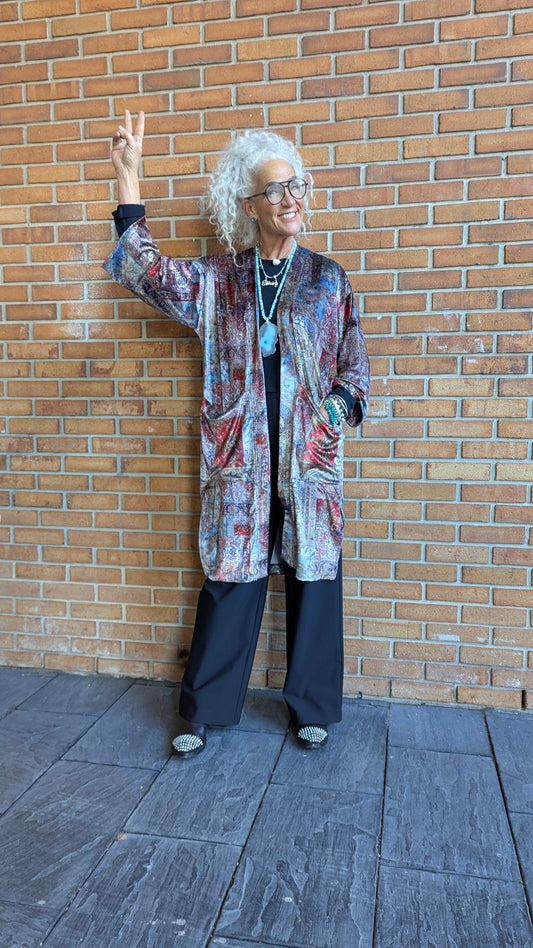 Crushed Velvet Kimono Cardigan - RED BLUE BEIGE GREY Tapestry