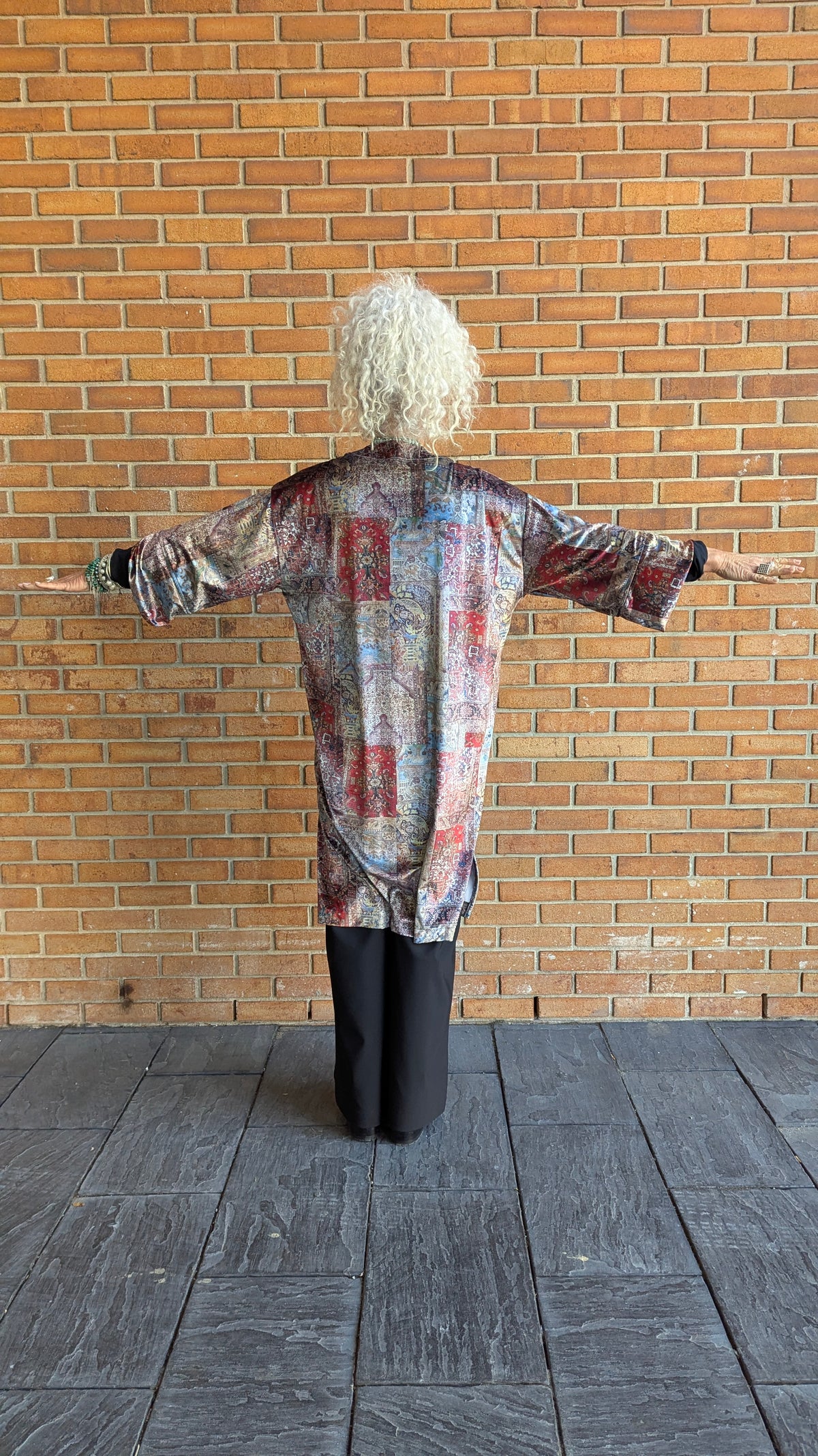 Crushed Velvet Kimono Cardigan - RED BLUE BEIGE GREY Tapestry