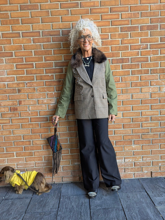 Plaid and Khaki Green Blazer with Removable Brown Faux Fur Collar