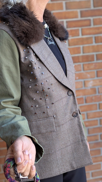 Plaid and Khaki Green Blazer with Removable Brown Faux Fur Collar