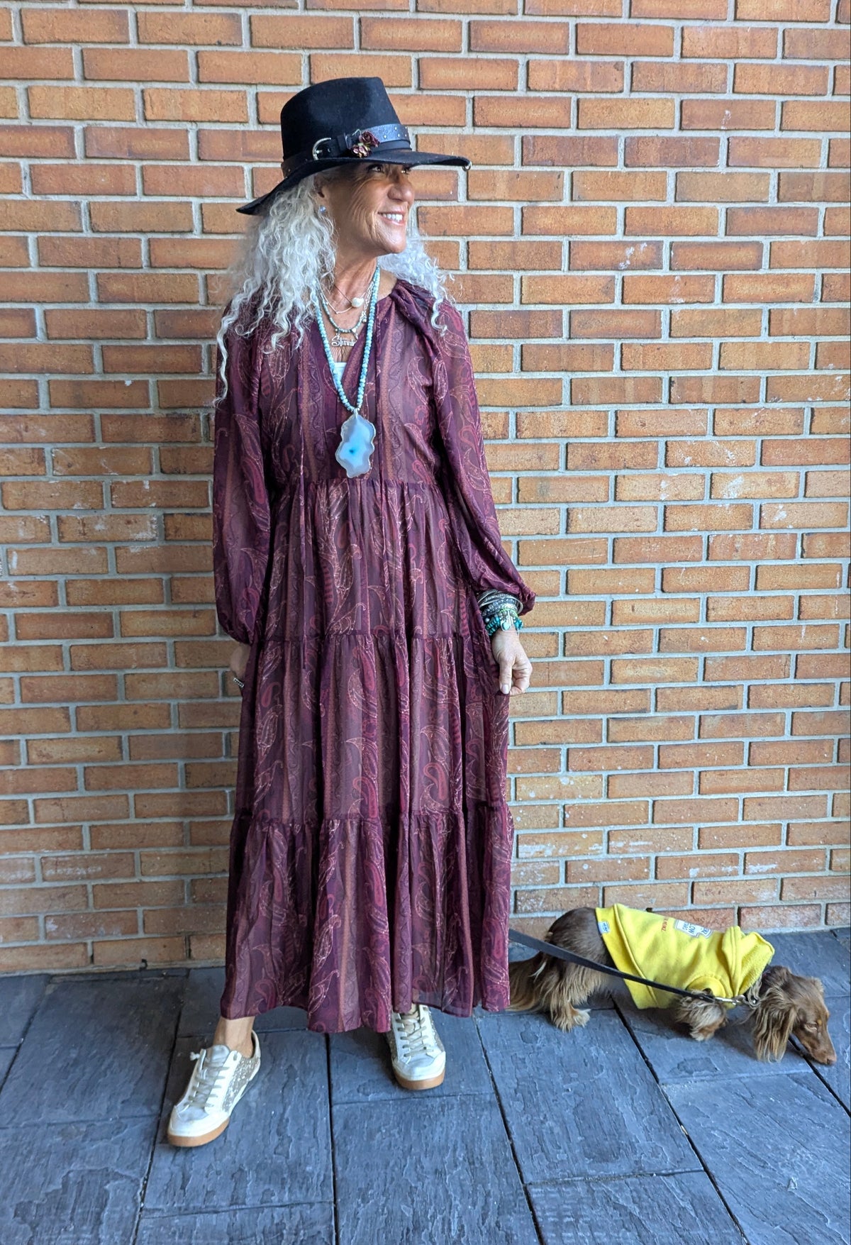 Printed Balloon Sleeve Maxi Dress - BURGUNDY
