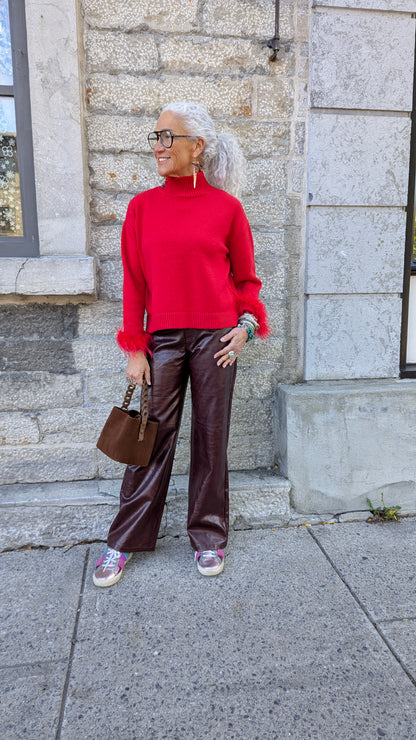 Knit Sweater with Feather Trim - RED