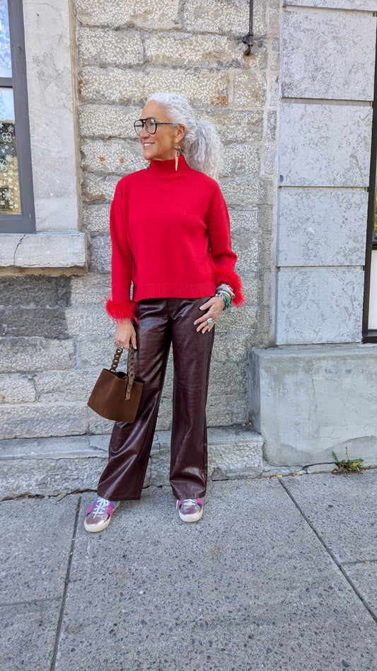 Knit Sweater with Feather Trim - RED