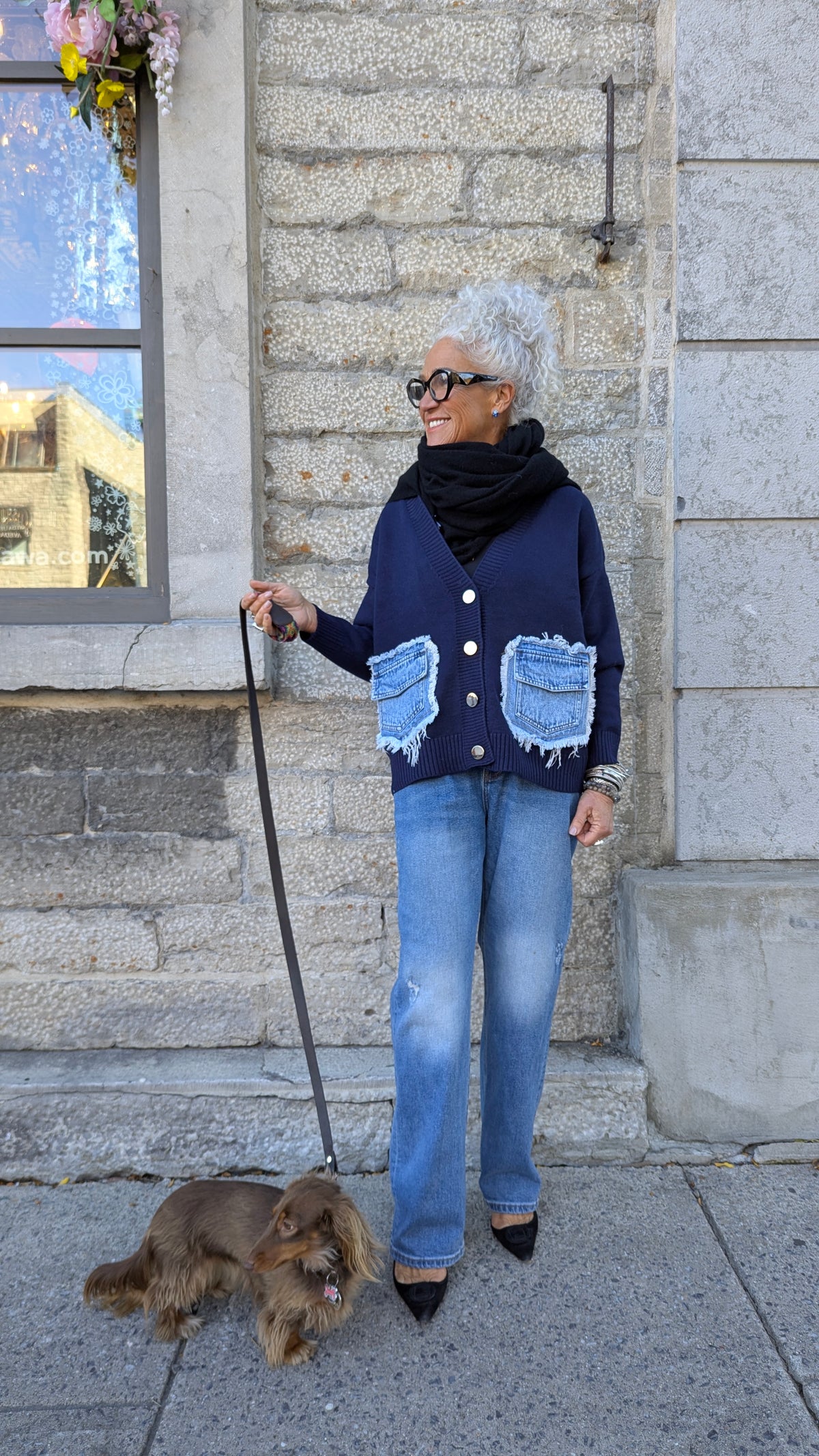 Navy Knit Cardigan with Denim Patch Pockets