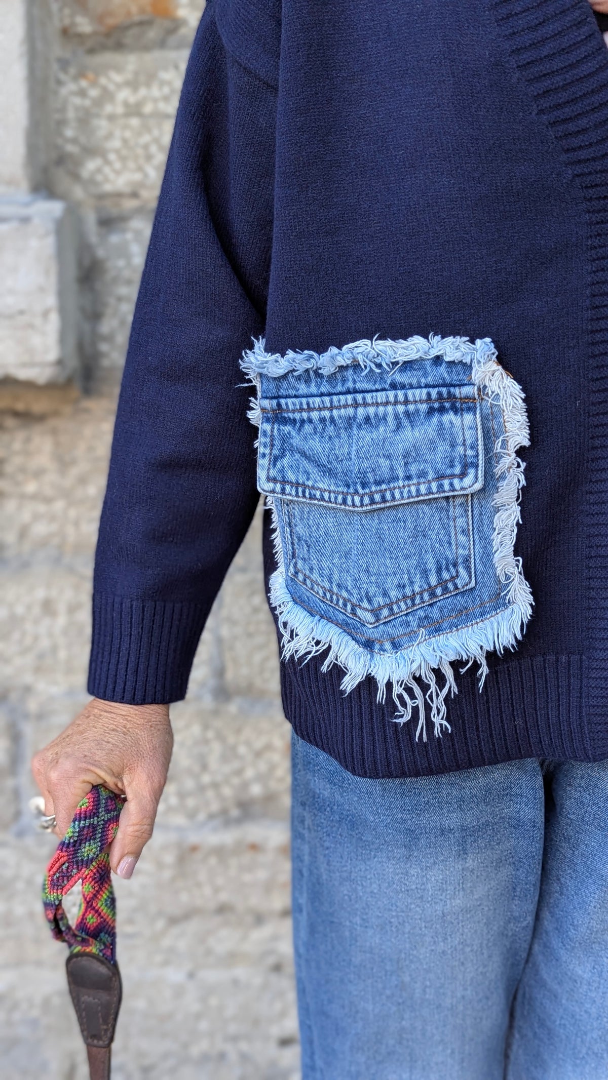 Navy Knit Cardigan with Denim Patch Pockets