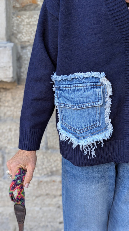 Navy Knit Cardigan with Denim Patch Pockets