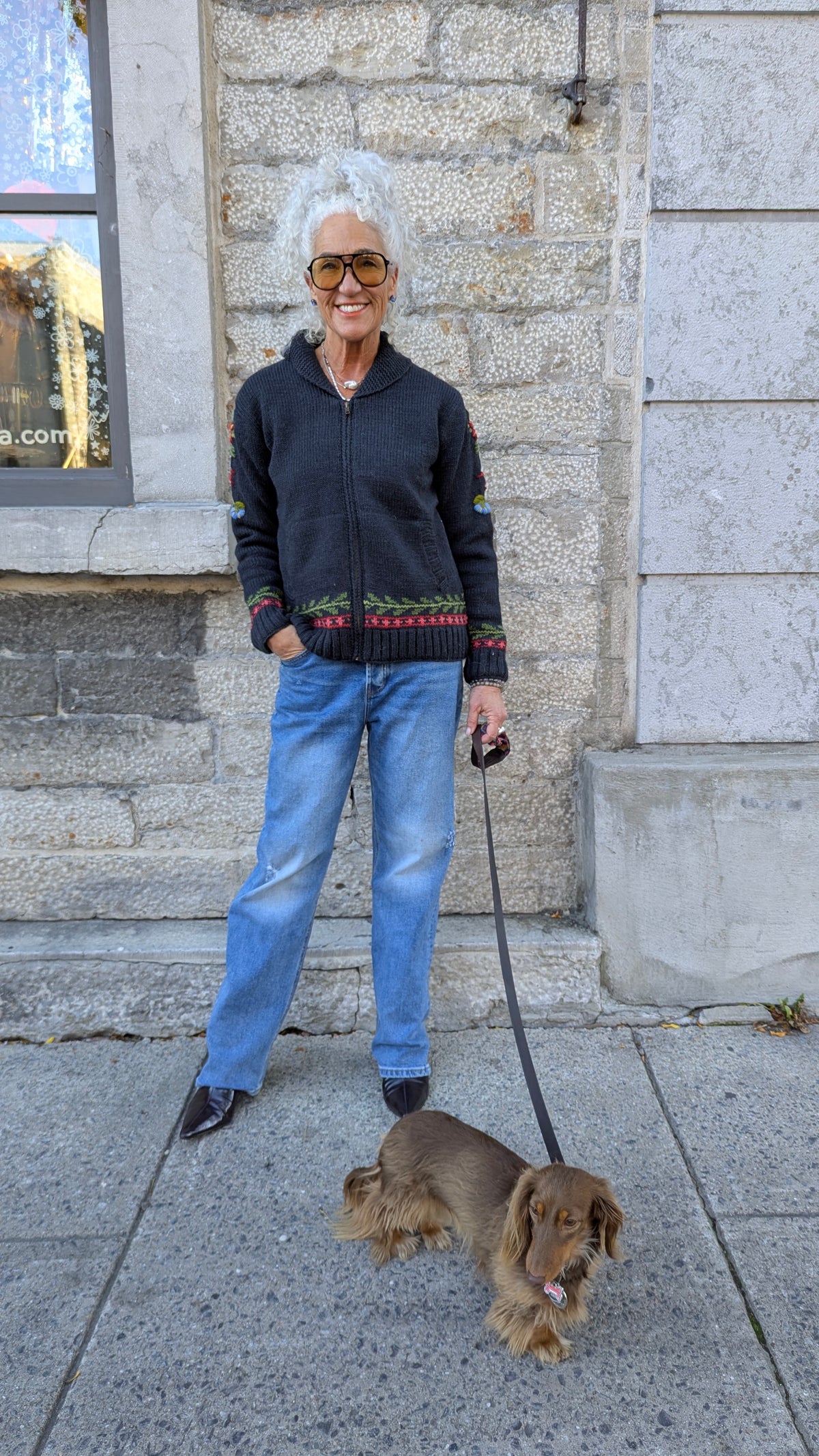 Hand Embroidered Knit Zip Up Sweater with Floral Deer Motif - Charcoal Grey