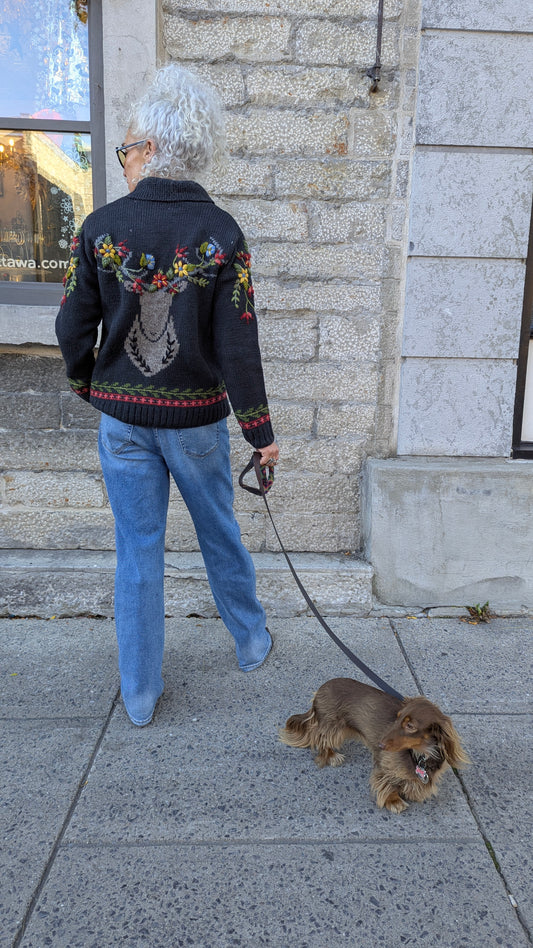 Hand Embroidered Knit Zip Up Sweater with Floral Deer Motif - Charcoal Grey