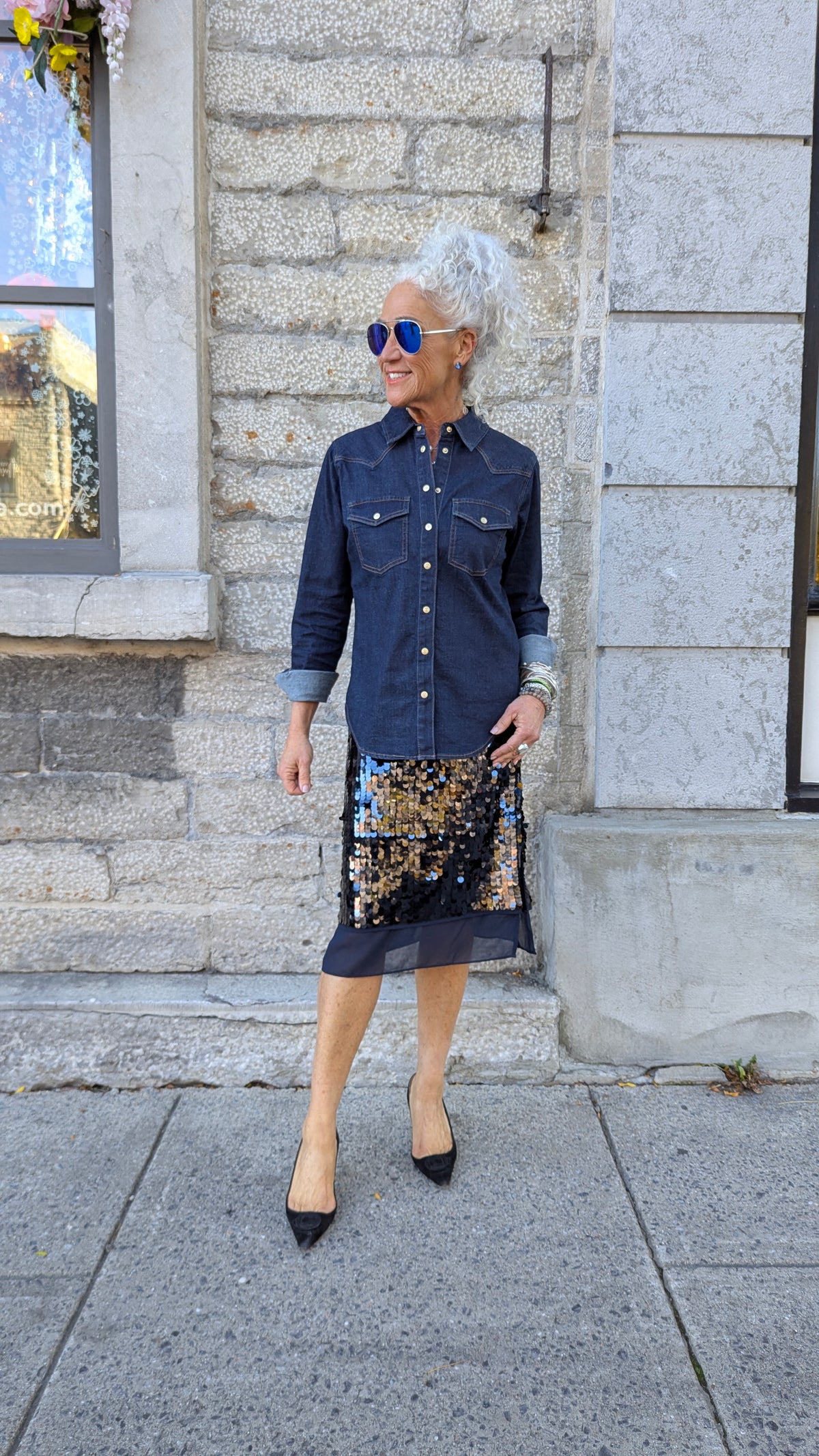 Dark Navy Sequin Skirt with Slit