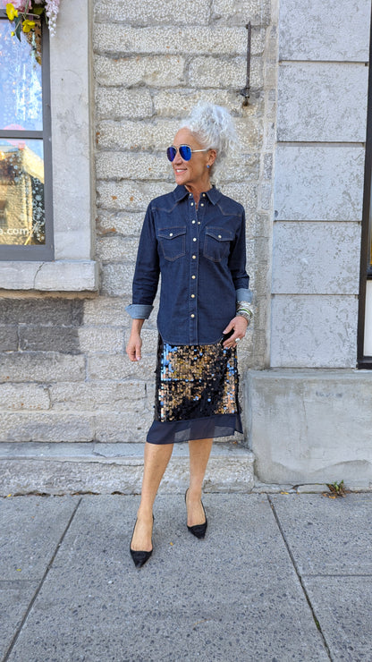 Dark Navy Sequin Skirt with Slit