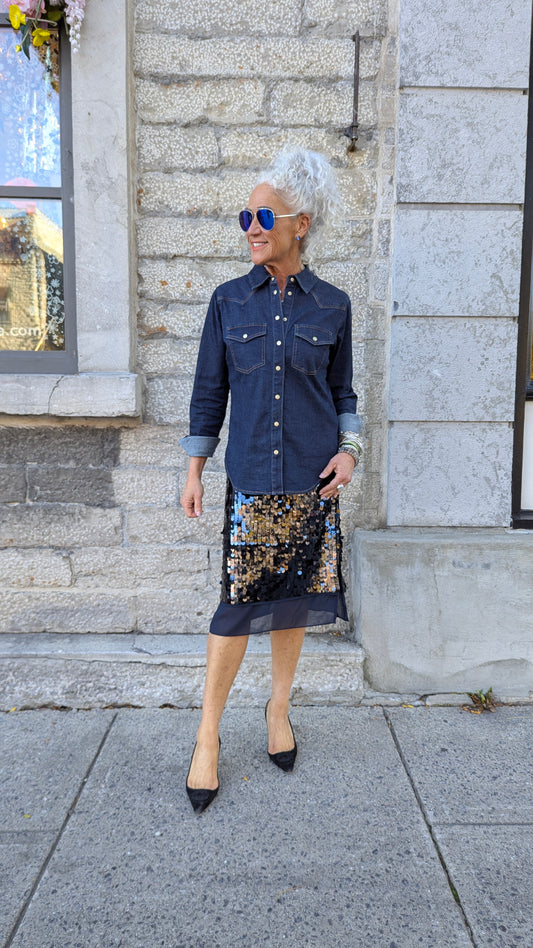 Dark Navy Sequin Skirt with Slit