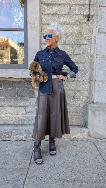 Pleather A-line Midi Skirt - BROWN
