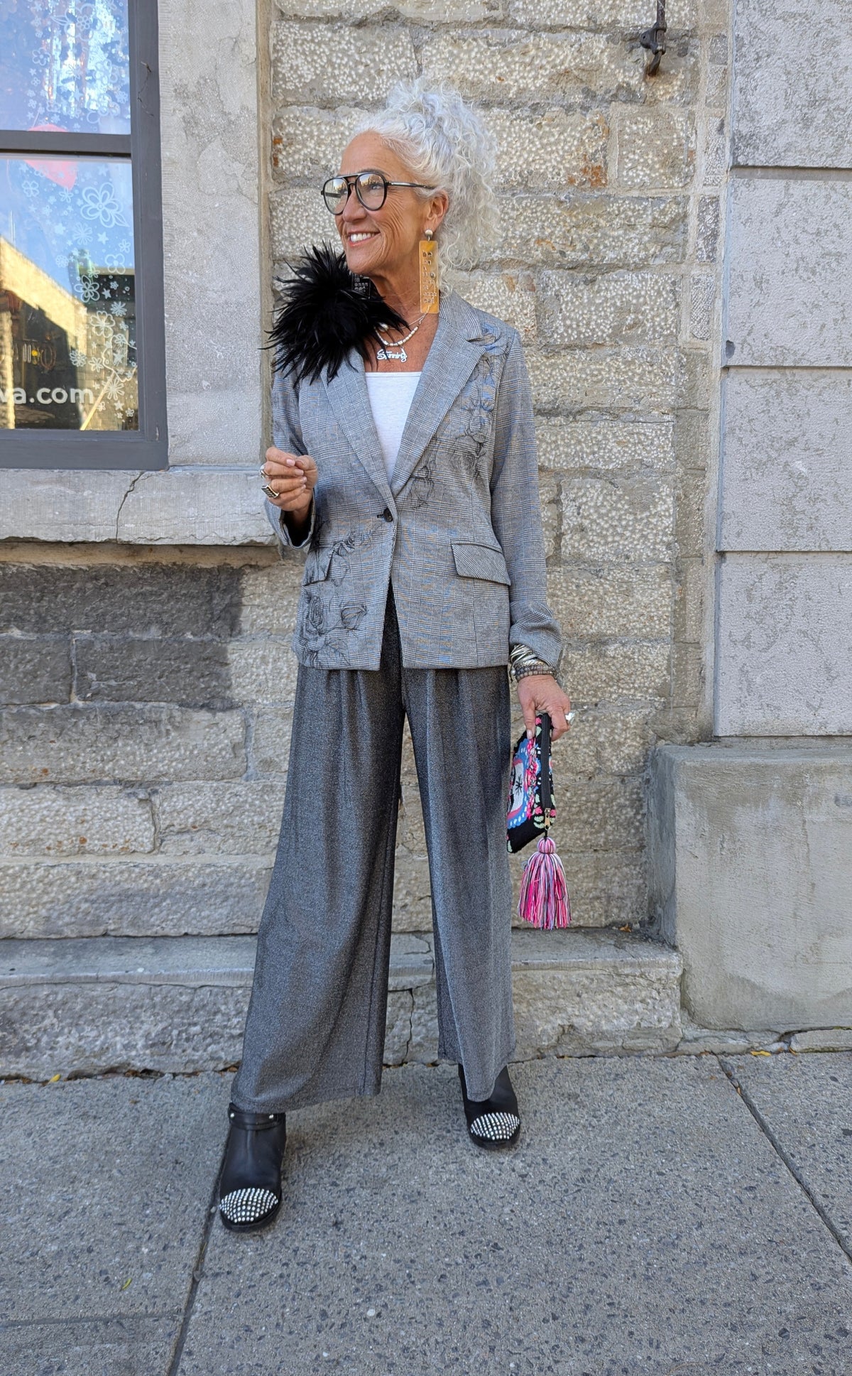 Tailored Plaid Blazer with Print- BLACK AND WHITE