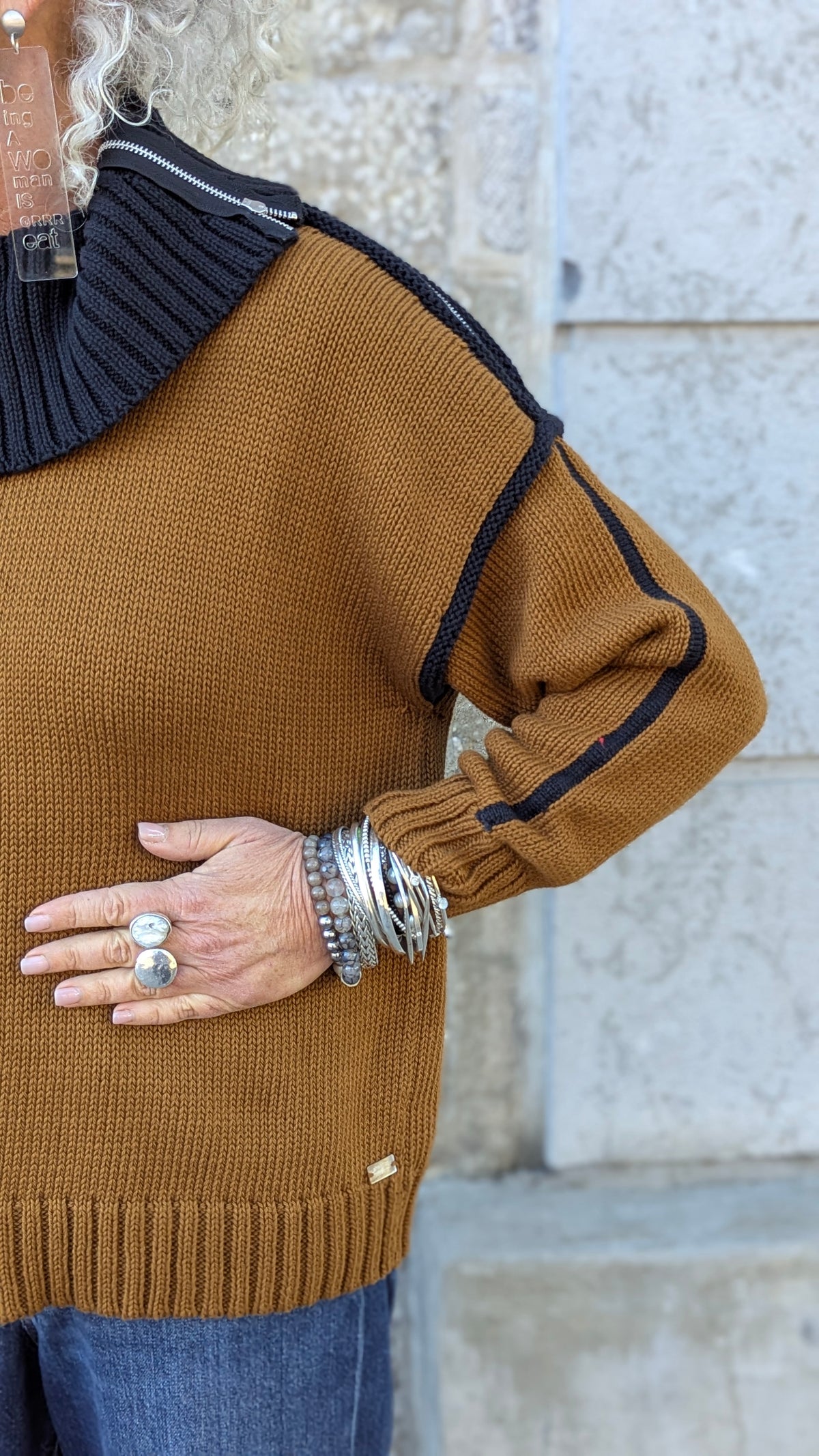Cotton Ribbed Knit Collar Sweater - TAN and BLACK