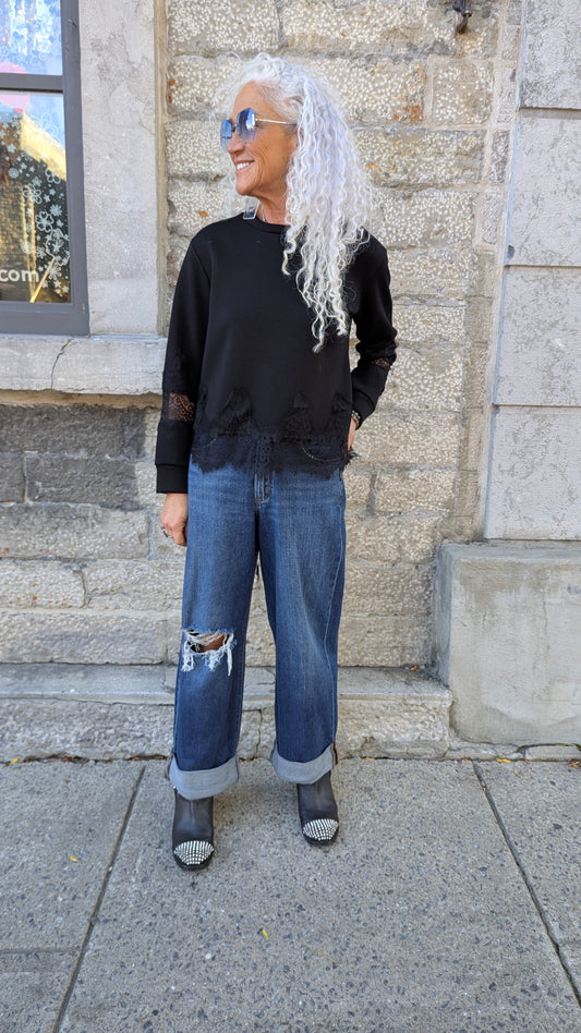 Cropped Scuba Sweatshirt with Lace Trim - BLACK