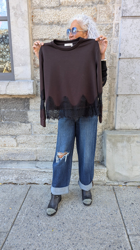 Cropped Scuba Sweatshirt with Lace Trim - BROWN