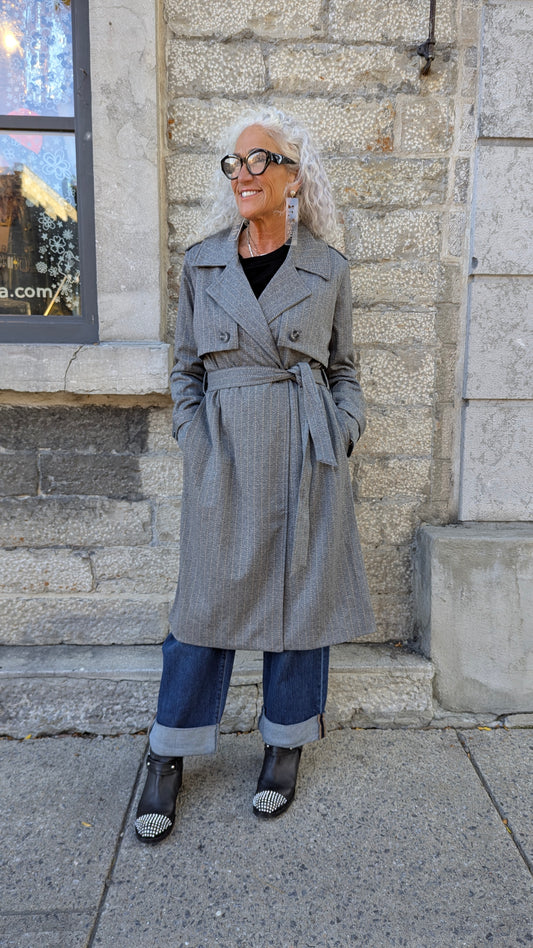 Maxi Double Breasted Trench Coat - HEATHER GREY STRIPE