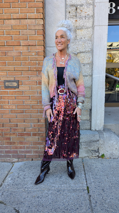 Sequin Midi Skirt with Slit - BURGUNDY