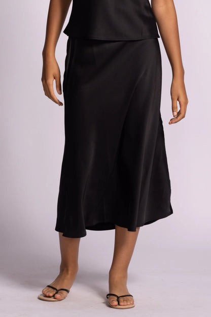 Black Satin Relaxed Fit Midi Skirt