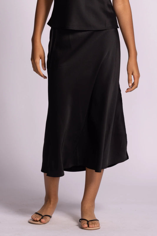 Black Satin Relaxed Fit Midi Skirt