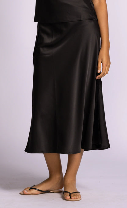 Black Satin Relaxed Fit Midi Skirt