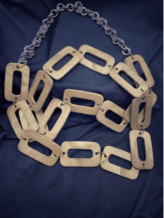 Handcut brushed Gold Leather Necklace 60"